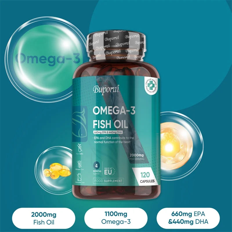 Omega 3 Fish Oil 2000mg - Helps Maintain Normal Brain Function and Healthy Vision, Boosts Natural Energy and Improves Immunity