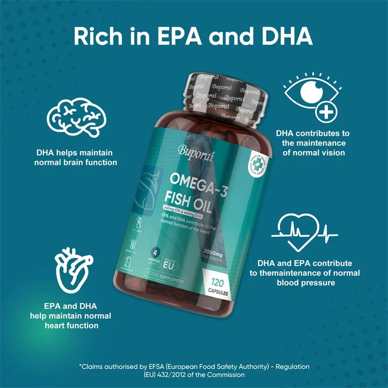 Omega 3 Fish Oil 2000mg - Helps Maintain Normal Brain Function and Healthy Vision, Boosts Natural Energy and Improves Immunity
