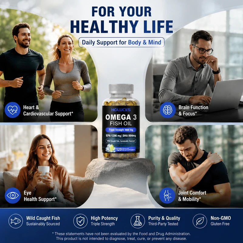 Omega 3 Fish Oil Supplement, with EPA & DHA, Support Brain & Cardiovascular Health, Antioxidant, for Skin Health