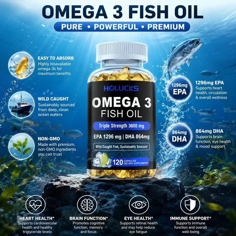 Omega 3 Fish Oil Supplement, with EPA & DHA, Support Brain & Cardiovascular Health, Antioxidant, for Skin Health