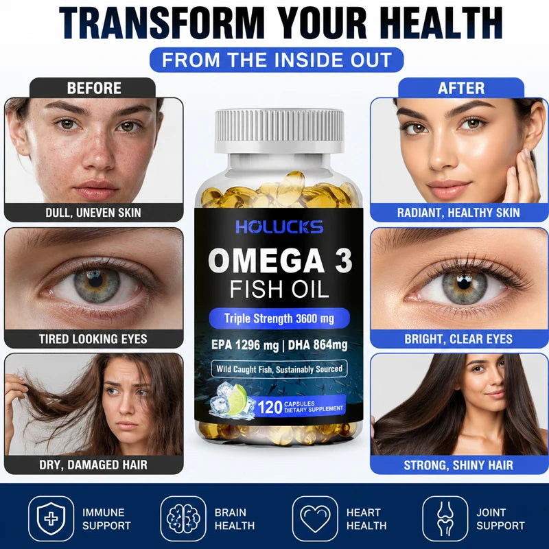Omega 3 Fish Oil Supplement, with EPA & DHA, Support Brain & Cardiovascular Health, Antioxidant, for Skin Health